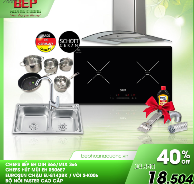 COMBO 15: Bếp từ Chefs EH-DIH366 + hút mùi EH-R506E7 + chậu Eurosun EU-8143BK + vòi S-K006 + bộ nồi Faster Melody