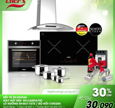 COMBO 13: bếp từ Chefs EH-DIH366 New + hút EH-CASPIA70T + lò nướng EH-BO1107S + bộ nồi CW5304