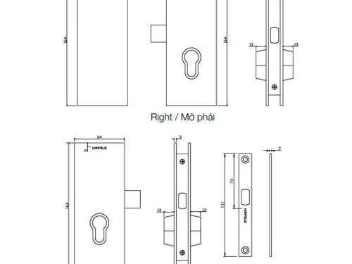 Kích thước của Bas hộp cho cửa mở xoay mở phải Hafele 981.59.030