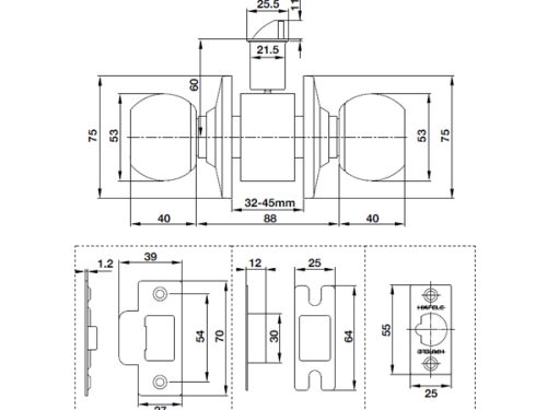 Kích thước của Bộ khóa tay nắm tròn cửa WC Hafele 489.93.135