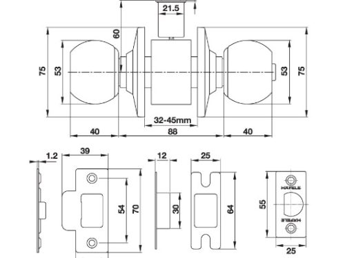 Kích thước của Bộ khóa tròn có chìa chủ Hafele 489.93.252