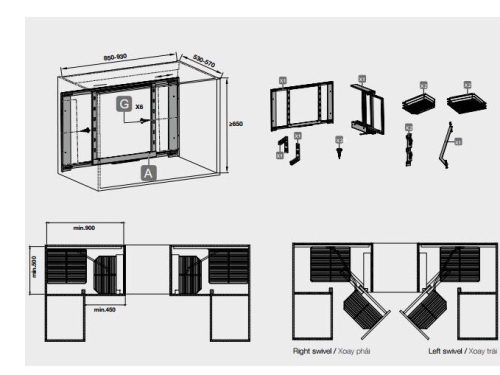 Kích thước của Bộ rổ góc gắn cánh trước, mở phải Clearance Hafele 548.21.002
