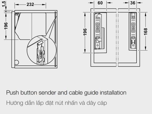 Kích thước của Bộ tay nâng Free Flap 1.7E Hafele 372.29.700 nắp trắng