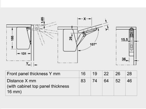 Kích thước của Bộ tay nâng Free Llap 3.15 Hafele 493.05.860 nắp xám