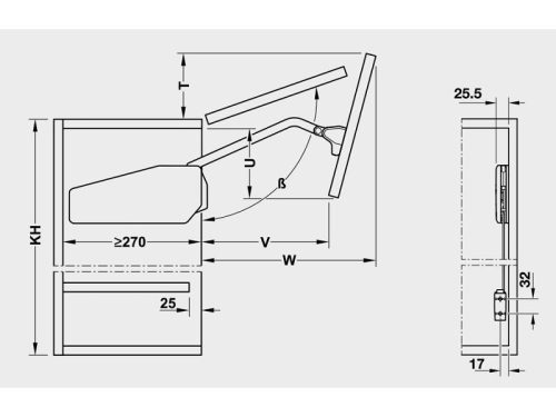 Kích thước của Bộ tay nâng Free Fold Short Hafele 493.05.735