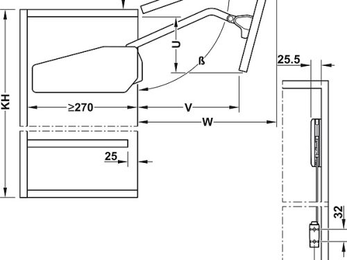 Kích thước của Bộ tay nâng Free Fold Short Hafele 493.05.741