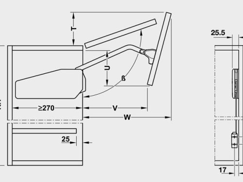 Kích thước của Bộ tay nâng Free Fold Short Hafele 493.05.894