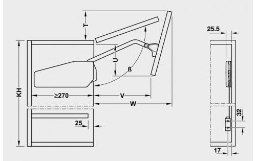 Kích thước của Bộ tay nâng Free Fold Short Hafele 493.05.900