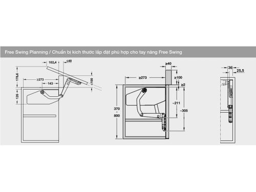 Kích thước của Bộ tay nâng Free Swing Hafele 493.05.763, trắng