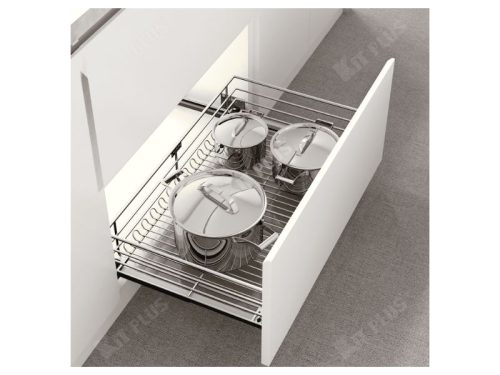 Giá xoong nồi nan tròn Inox mờ, ray giảm chấn Kit Plus DG70S