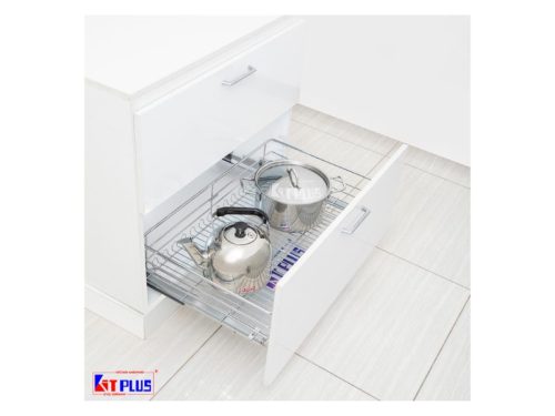 Giá xoong nồi nan tròn Inox mờ, ray giảm chấn Kit Plus DG70S