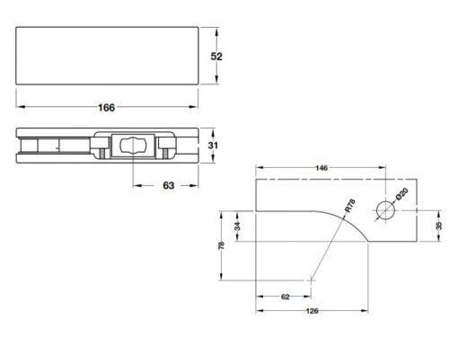 Kẹp kính dưới Inox mờ Hafele 981.50.010 3 Kích thước của Kẹp kính dưới Inox mờ Hafele 981.50.010