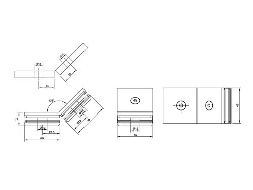 Kẹp kính - kính 135º màu đen Hafele 981.77.915 3 Kích thước của Kẹp kính - kính 135º màu đen Hafele 981.77.915