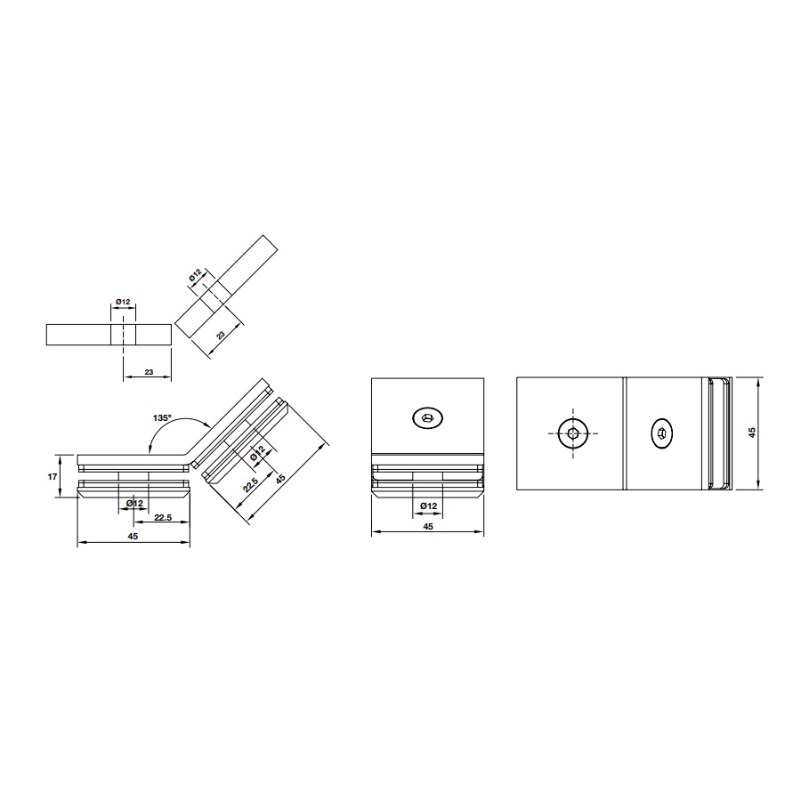 Kích thước của Kẹp kính - kính 135º màu đen Hafele 981.77.915 Kích thước của Kẹp kính - kính 135º màu đen Hafele 981.77.915