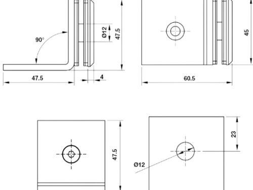 Kích thước của Kẹp kính - tường 90º có đế màu đen Hafele 981.77.911