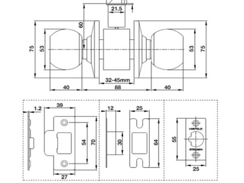 Kích thước của Khóa tay nắm tròn cửa đi Hafele 489.93.132