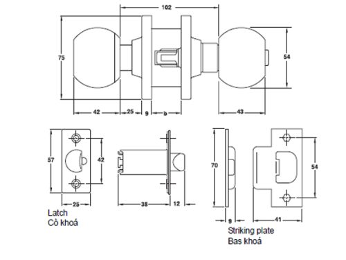Kích thước của Khóa tay nắm tròn cửa WC loại lớn Hafele 911.64.246