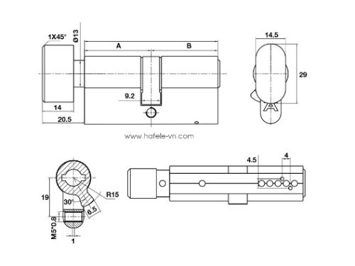 Kích thước của Ruột khóa 1 đầu chìa 1 đầu vặn 65mm Hafele 489.56.003