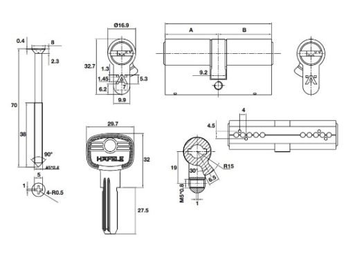 Kích thước của Ruột khóa 2 đầu chìa 65mm Hafele 489.56.000