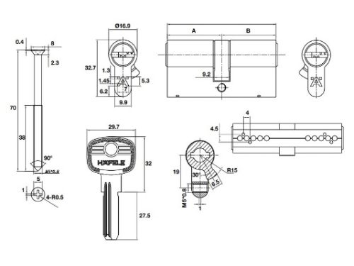 Kích thước của Ruột khóa 2 đầu chìa 71mm Hafele 489.56.001