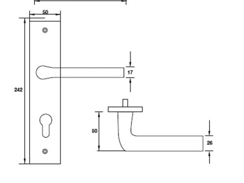 Kích thước của tay nắm gạt đế dài C/C 72mm Hafele 903.98.464