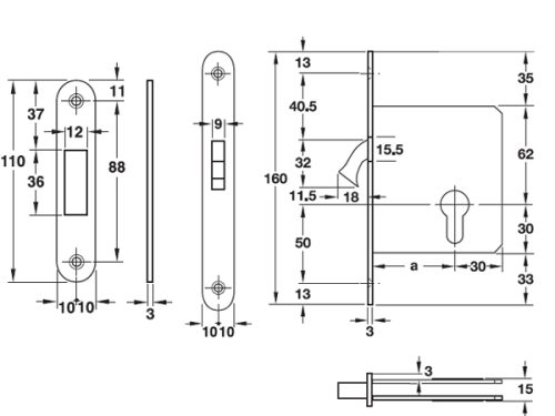 Kích thước của Thân khóa cho cửa trượt đố nhỏ Hafele 911.26.672