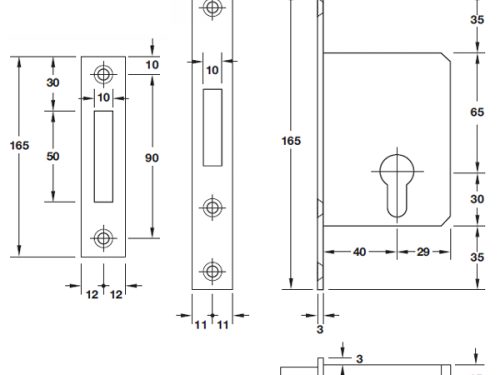Kích thước của Thân khóa cho cửa trượt Hafele 911.26.277