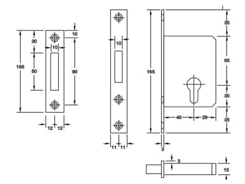 Kích thước của Thân khóa cho cửa trượt Hafele 911.26.413