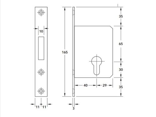 Kích thước của Thân khóa cho cửa trượt Hafele 911.27.261