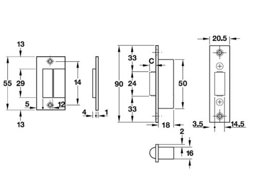 Thân khóa chốt bật con lăn Hafele 911.24.042 3 Kích thước của Thân khóa chốt bật con lăn Hafele 911.24.042