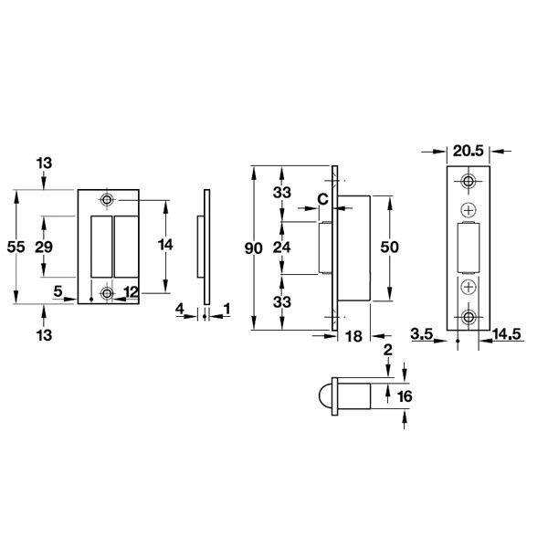 Kích thước của Thân khóa chốt bật con lăn Hafele 911.24.042 Kích thước của Thân khóa chốt bật con lăn Hafele 911.24.042
