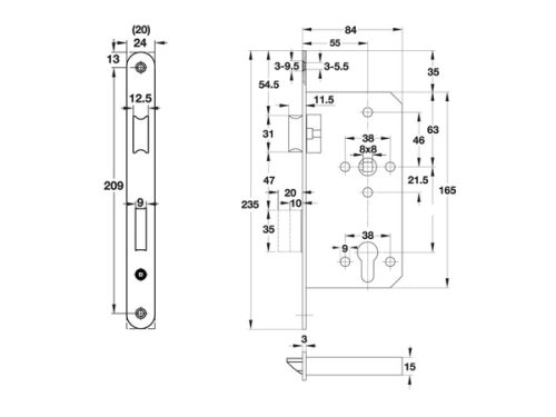 Kích thước của Thân khóa lưỡi gà chốt chết C/C 72mm Hafele 911.02.799