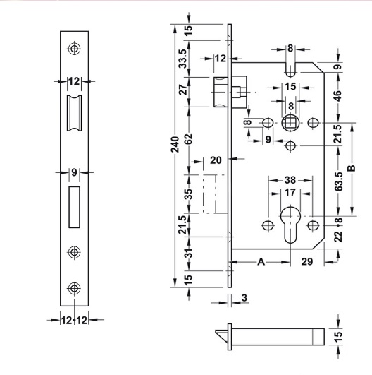 Kích thước của Thân khóa lưỡi gà chốt chết C/C 85mm Hafele 911.02.069 Kích thước của Thân khóa lưỡi gà chốt chết C/C 85mm Hafele 911.02.069