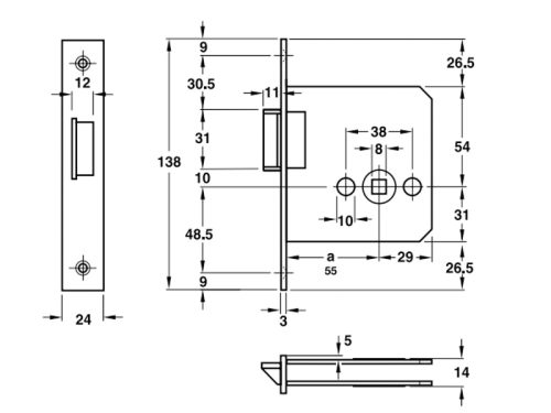 Kích thước của Thân khóa lưỡi gà Hafele 911.23.841