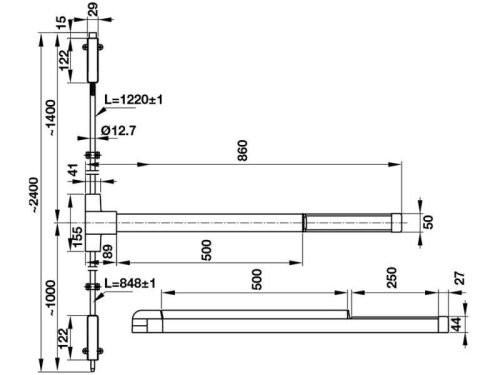 Kích thước của Thanh thoát hiểm chốt dọc Hafele 911.52.146