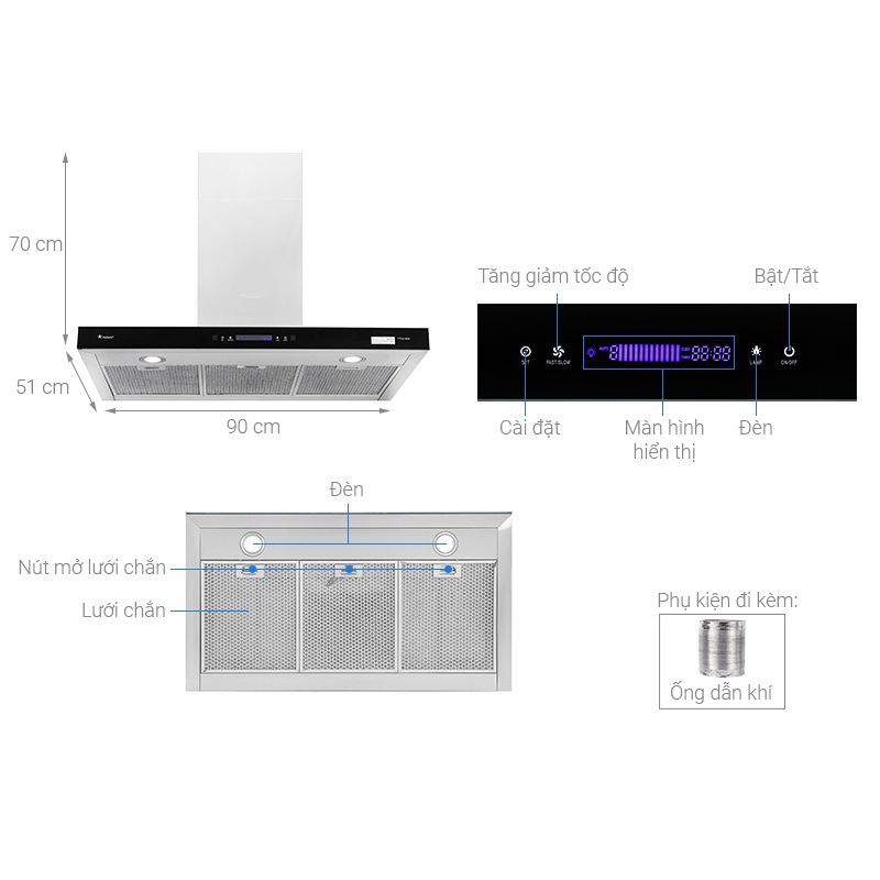 Cấu tạo máy hút mùi áp tường tuần hoàn Pramie TT32-900 Cấu tạo máy hút mùi áp tường tuần hoàn Pramie TT32-900