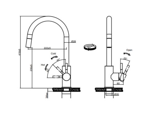 Kích thước vòi rửa bát Inox Fagor T2144-GA