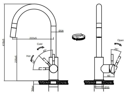 Kích thước vòi rửa bát Fagor T2144-BA