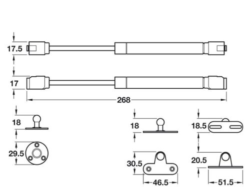 Kích thước pittong đẩy cánh tủ 80N Hafele 373.82.907