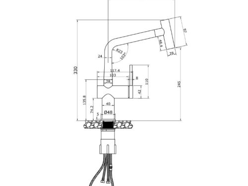 Kích thước vòi rửa bát nóng lạnh Konox Volta Nickel có dây rút