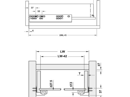 Kích thước ray âm EPC Evo 450mm giảm chấn Hafele 433.32.074