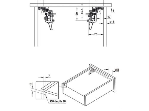 Kích thước ray âm EPC Evo 450mm giảm chấn Hafele 433.32.074