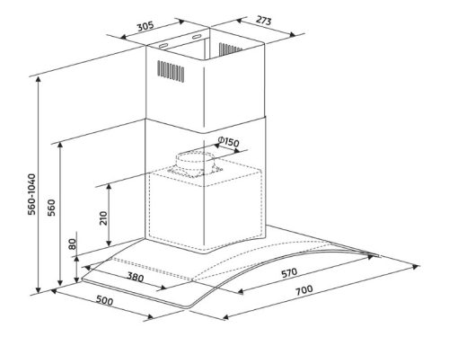 Kích thước máy hút mùi áp tường Binova BI-58-GT-07
