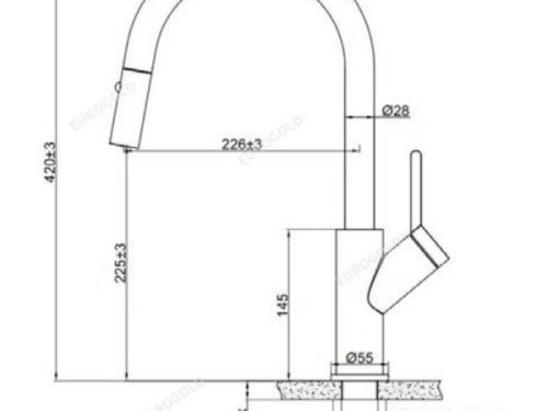 Kích Thước Vòi rửa bát nóng lạnh Eurogold EUF333DR có dây rút