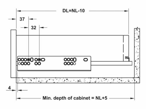 Kích thước ray âm giảm chấn EPC EVO mở 3/4 300mm Hafele 433.32.501