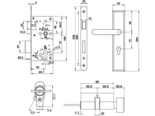 Kích thước bộ khóa tay nắm đế dài Hafele 499.62.503