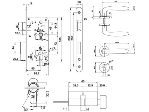 Kích thước bộ khóa tay nắm nắp chụp Hafele 499.63.801