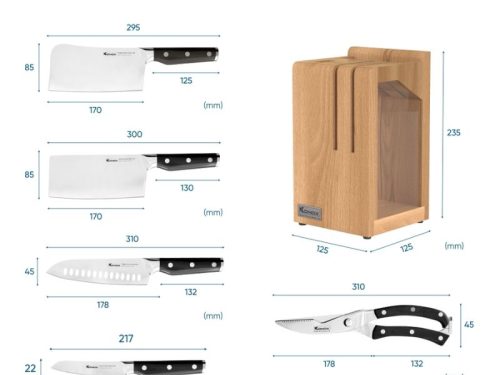 Kích thước bộ dao làm bếp cao cấp 5 món Konox Impecca