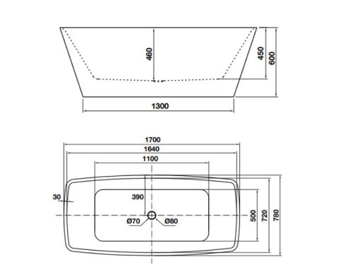 Kích thước bồn tắm độc lập Nagoya 1700 Hafele 588.99.610