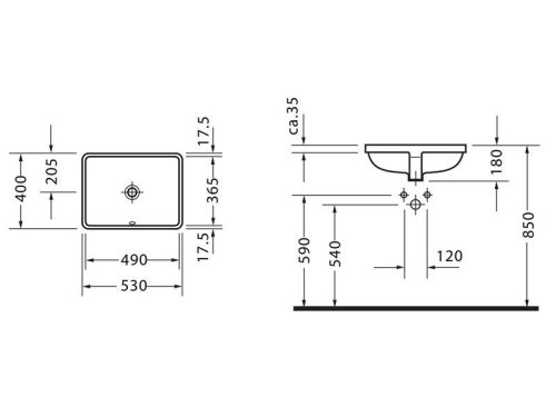 Kích thước chậu lavabo âm bàn Duravit Starck 3 Hafele 588.45.082